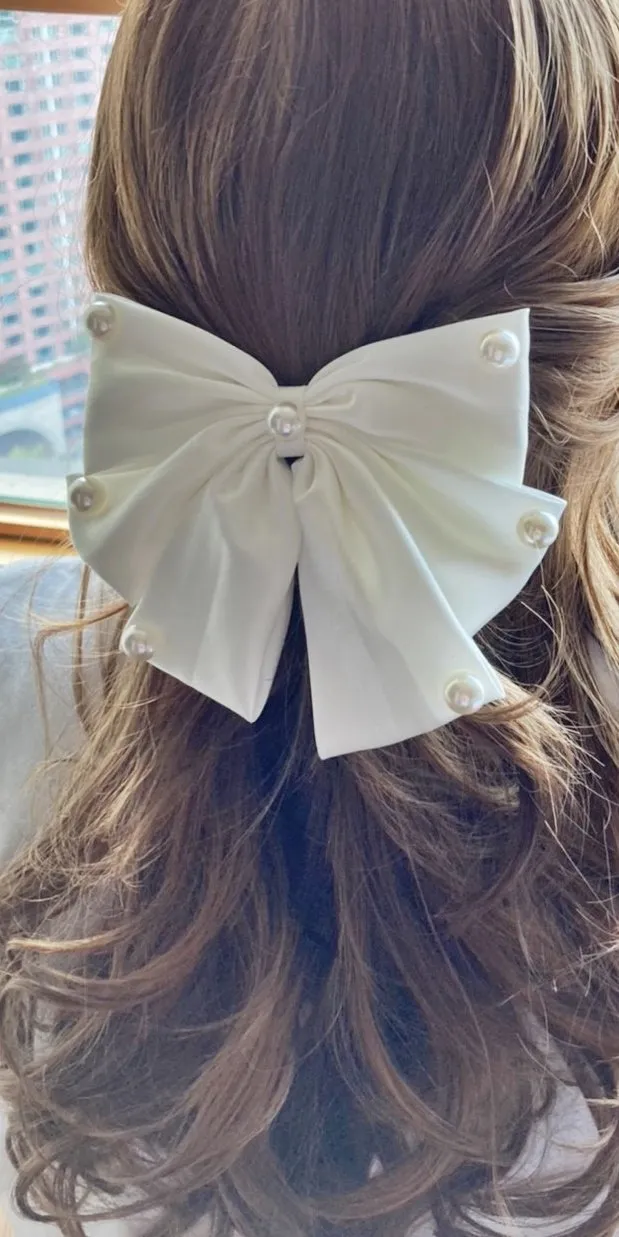 pearl embellished satin hair bow for women