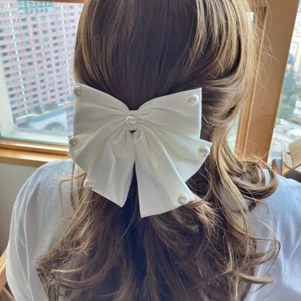 pearl embellished satin hair bow for women