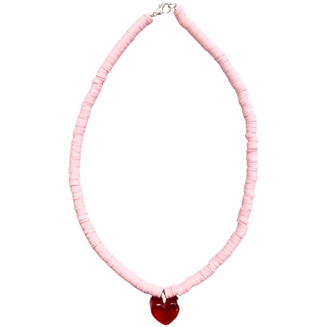 Pink Beaded Necklace - Red Heart
