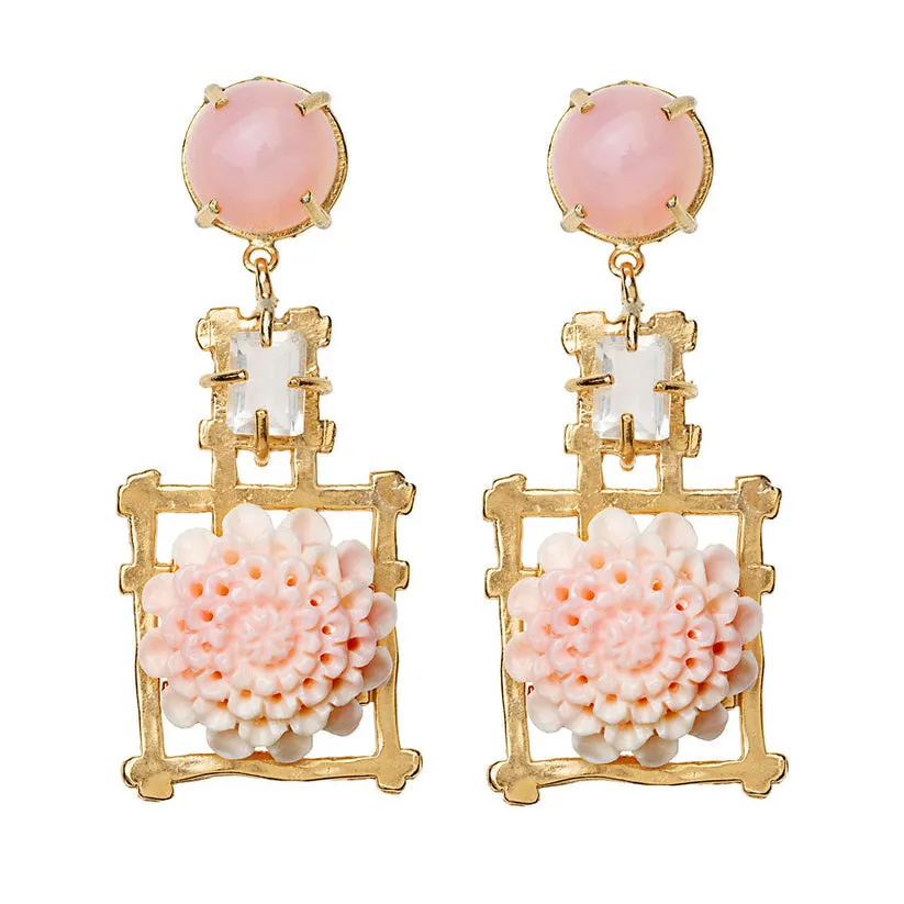 Pink Opal Pagoda Earring with Carved Flower