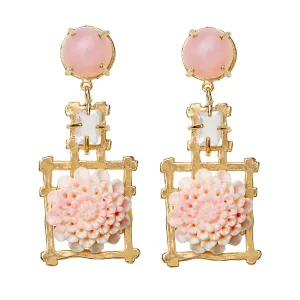 Pink Opal Pagoda Earring with Carved Flower