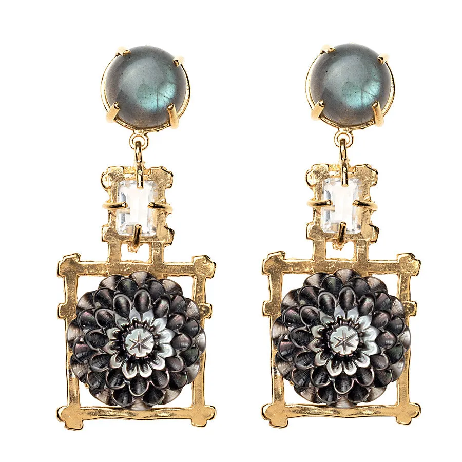 Pink Opal Pagoda Earring with Carved Flower