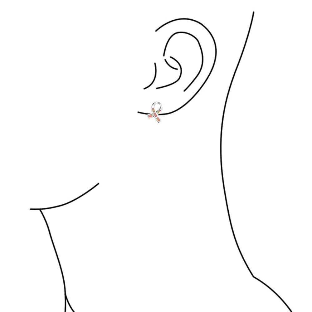 Pink Opal Ribbon Breast Cancer Awareness Stud Earrings Sterling Silver 8MM