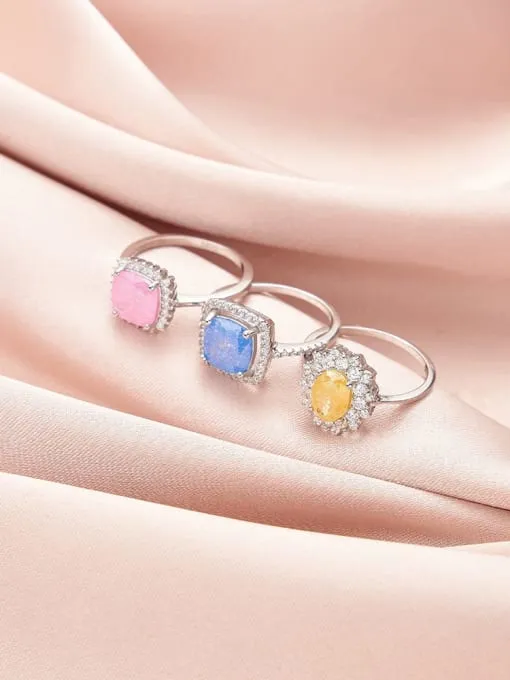 Pink Opal Ring Sterling Silver 925 Cubic Zirconia Waterproof Hypoallergenic Square Birthstone Jewelry
