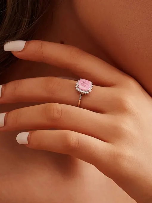 Pink Opal Ring Sterling Silver 925 Cubic Zirconia Waterproof Hypoallergenic Square Birthstone Jewelry