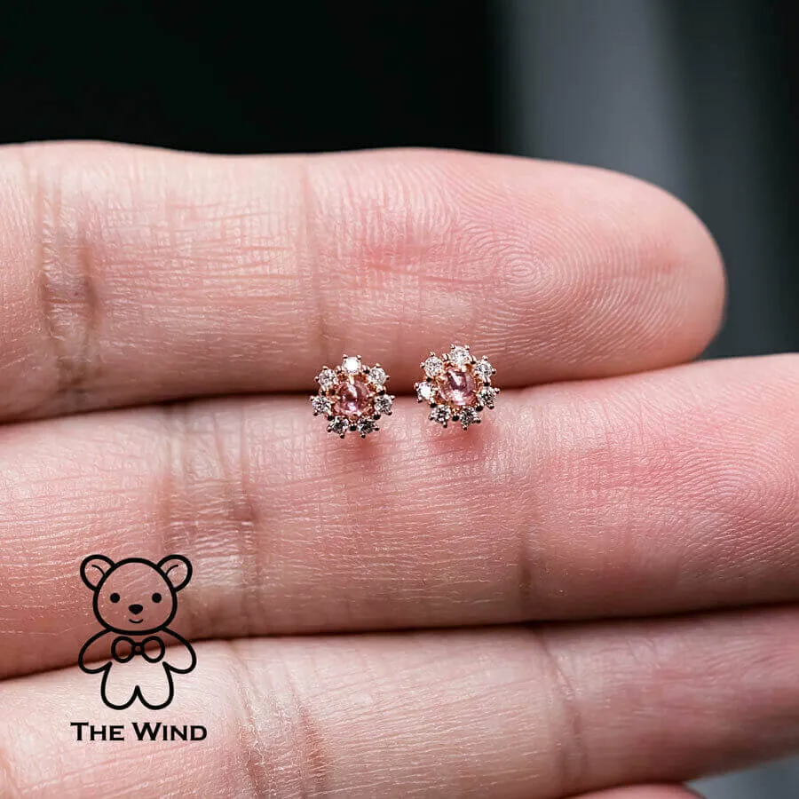 Pink Sapphire & Diamond Halo Stud Earrings 18K Rose Gold