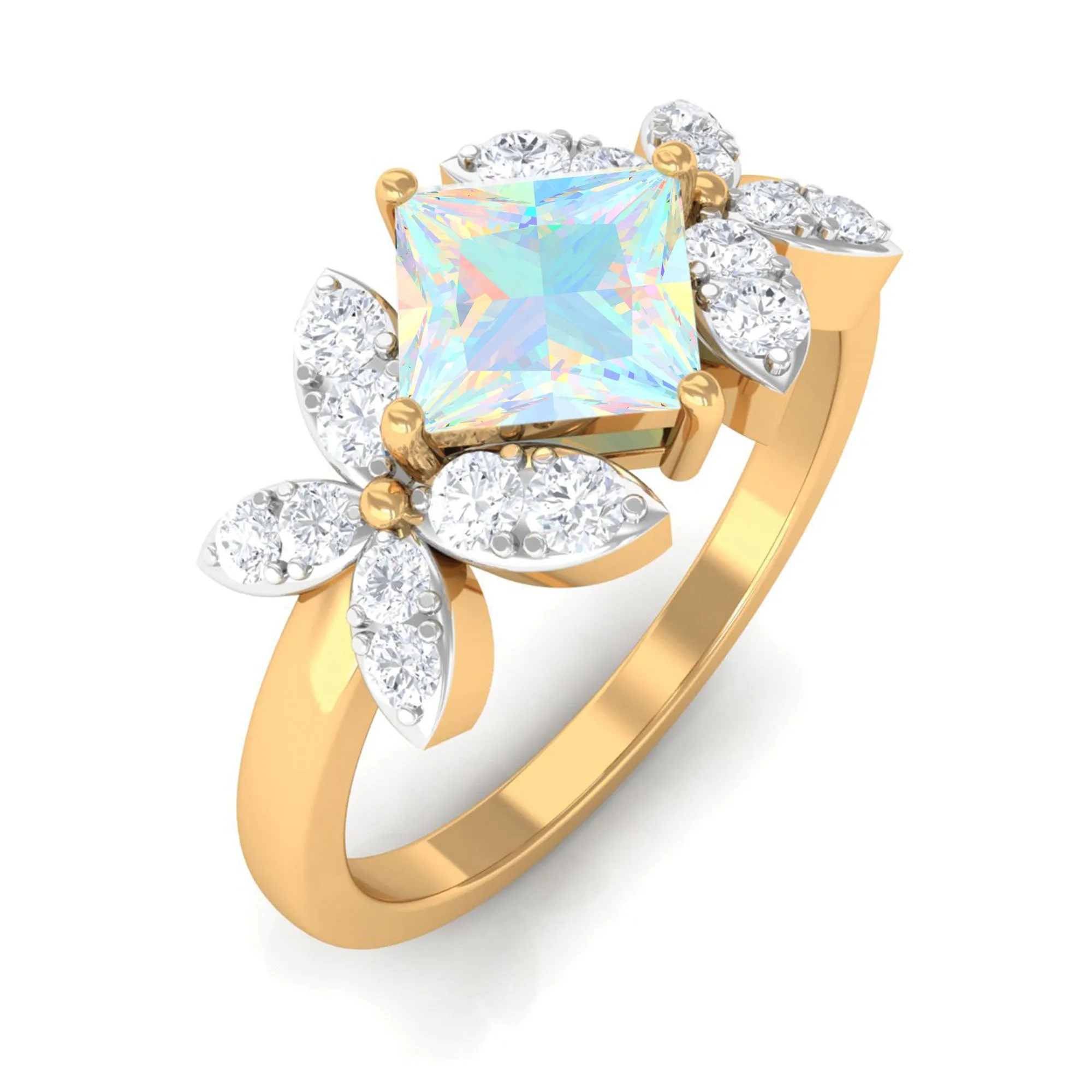Princess Cut Ethiopian Opal Flower Engagement Ring with Diamond