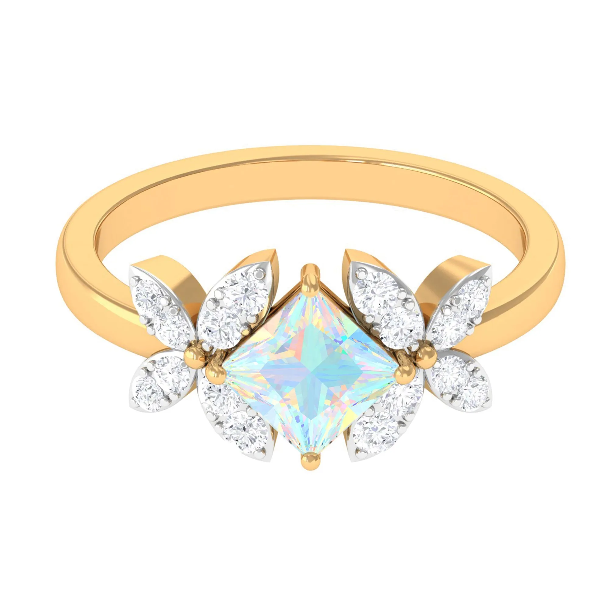 Princess Cut Ethiopian Opal Flower Engagement Ring with Diamond