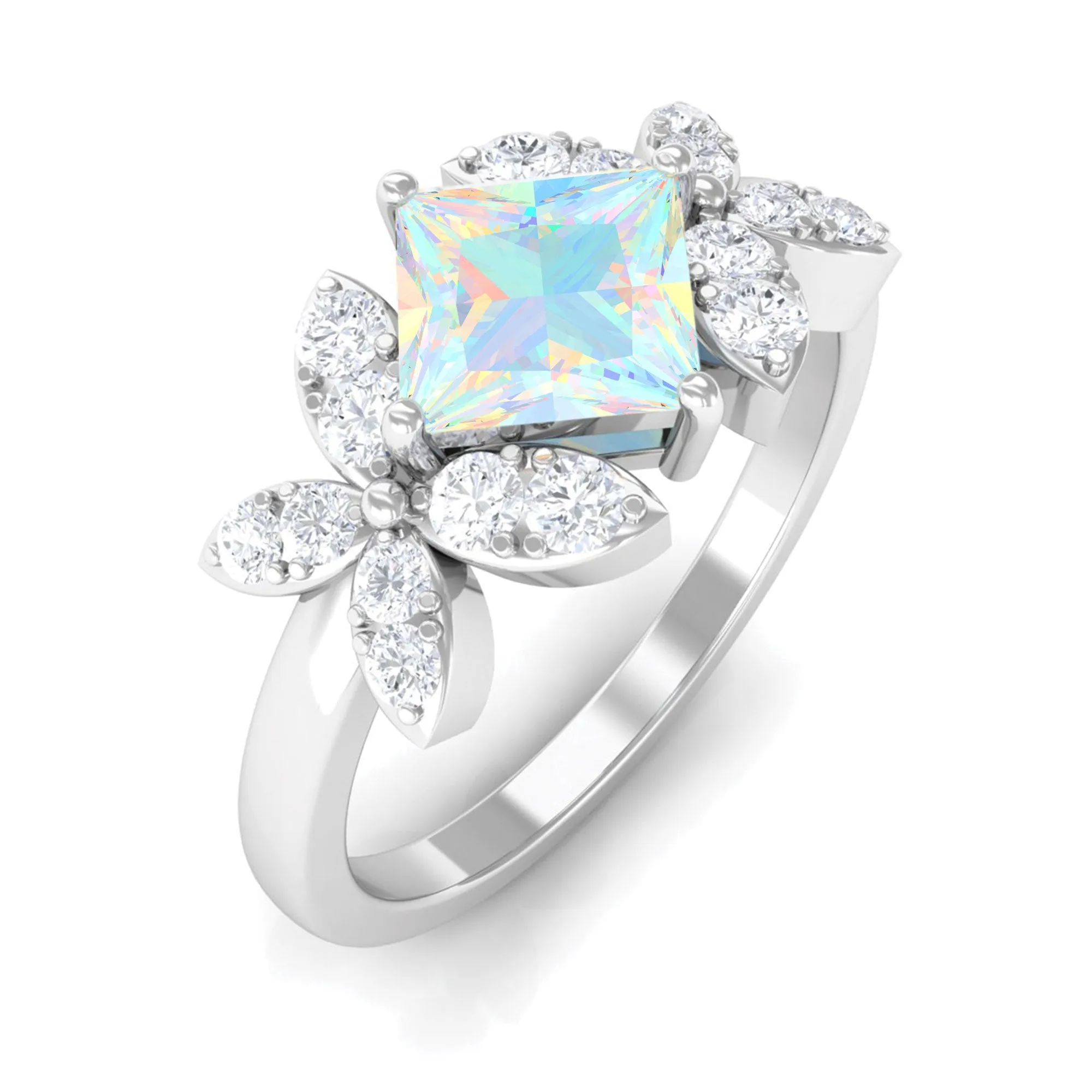 Princess Cut Ethiopian Opal Flower Engagement Ring with Diamond