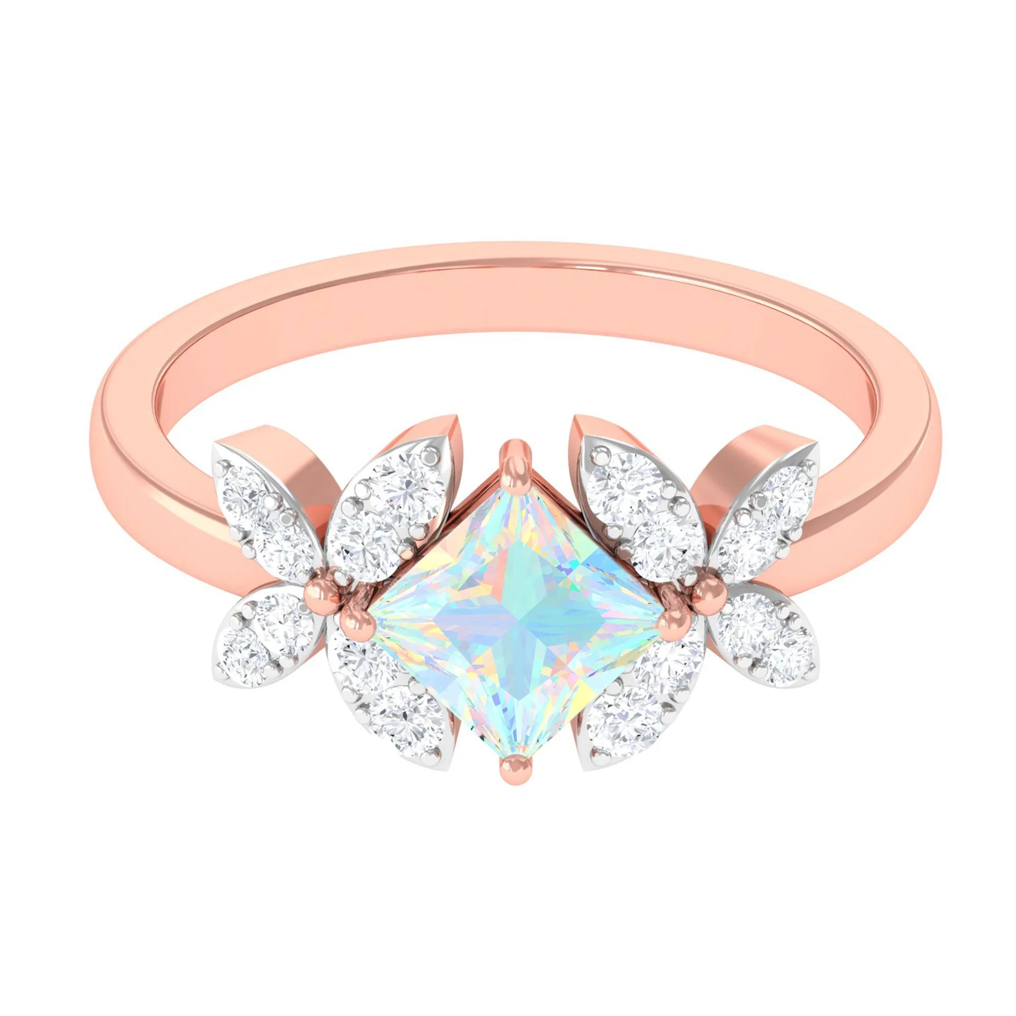 Princess Cut Ethiopian Opal Flower Engagement Ring with Diamond