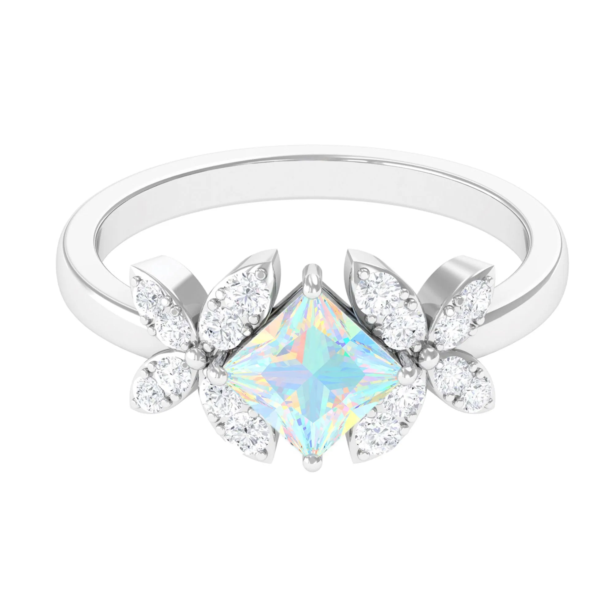Princess Cut Ethiopian Opal Flower Engagement Ring with Diamond
