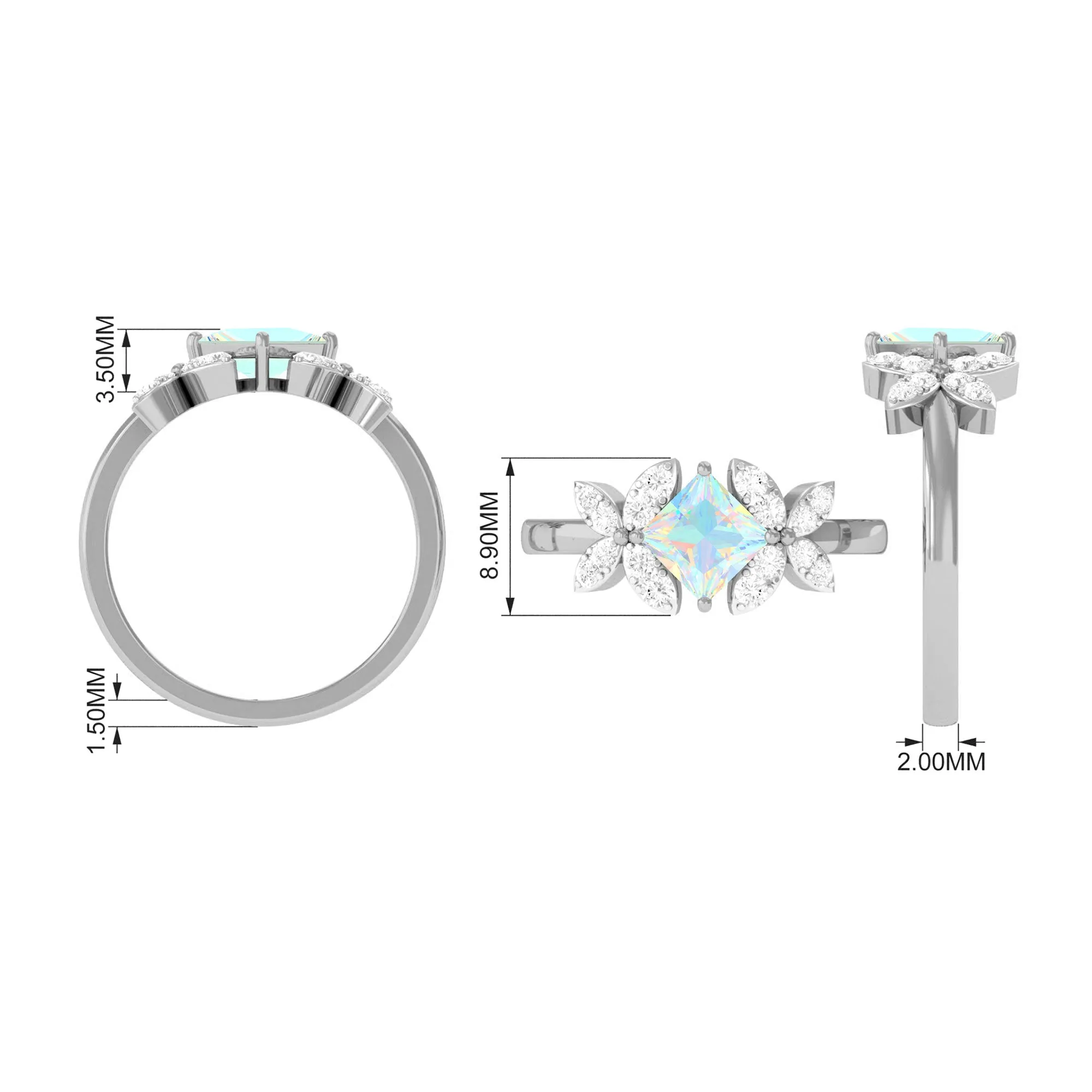 Princess Cut Ethiopian Opal Flower Engagement Ring with Diamond