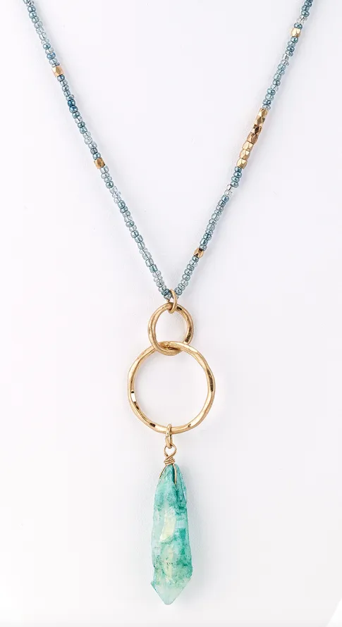 Raw Crystal Pendant Beaded Long Necklace