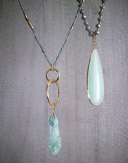 Raw Crystal Pendant Beaded Long Necklace