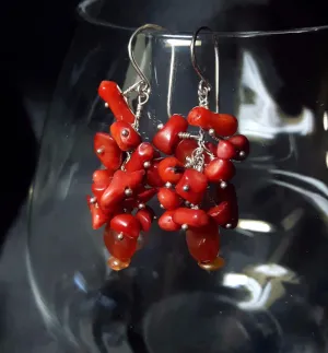 Red Coral Cluster & Carnelian Silver Earrings