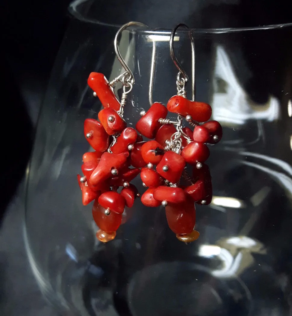 Red Coral Cluster & Carnelian Silver Earrings
