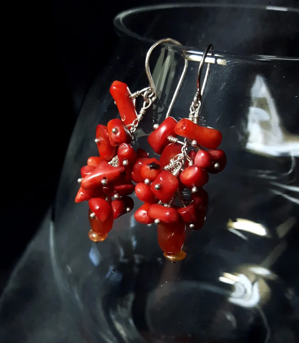Red Coral Cluster & Carnelian Silver Earrings