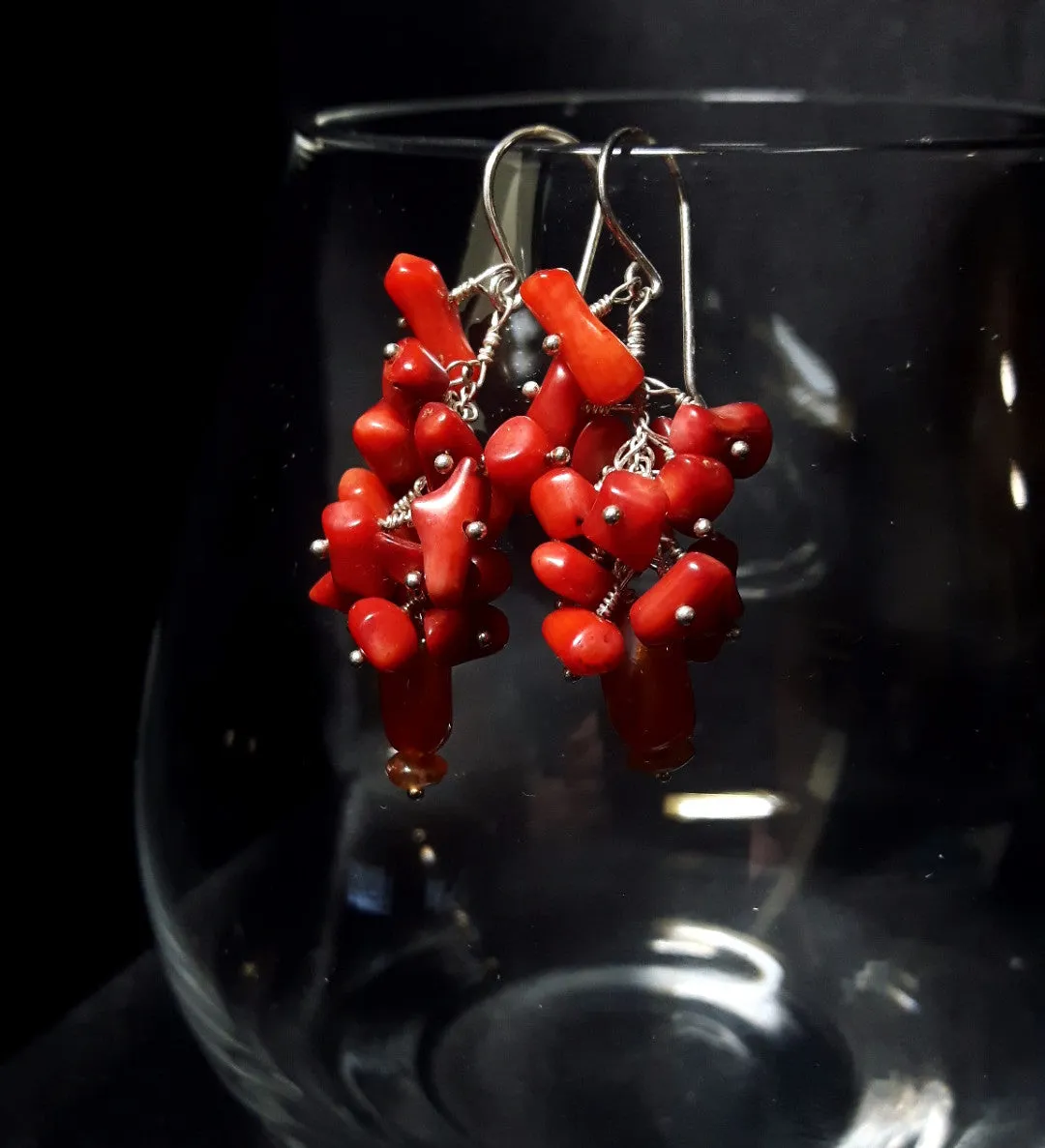 Red Coral Cluster & Carnelian Silver Earrings