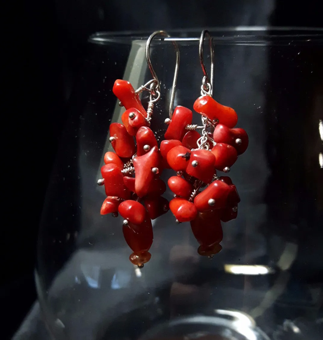 Red Coral Cluster & Carnelian Silver Earrings