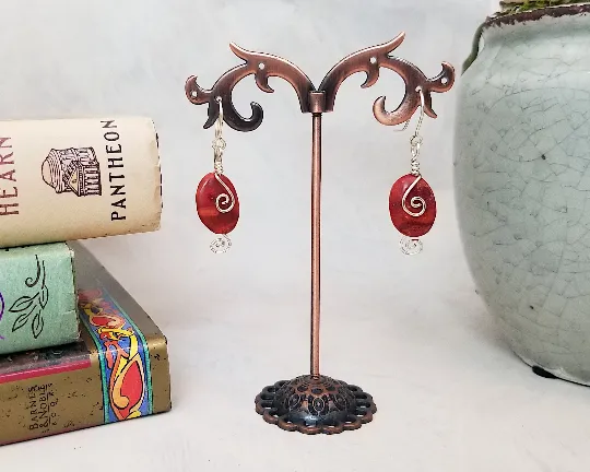 Red Coral Earrings Wrapped with Silver Wire, Beach, Tropical, Boho, Bohemian, OOAK Handmade