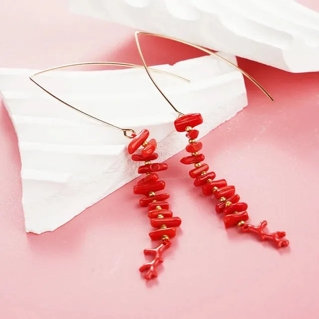 Red Enamel Coral Tree Antlers Acrylic Resin Dangle Earrings