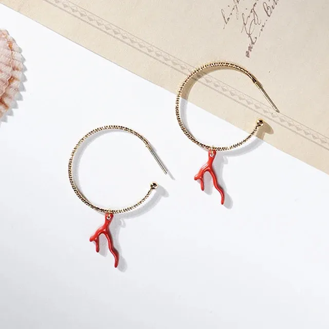 Red Enamel Coral Tree Antlers Acrylic Resin Dangle Earrings