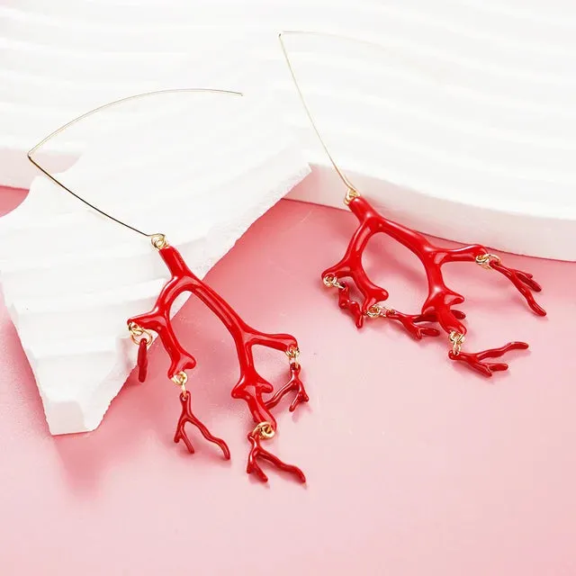 Red Enamel Coral Tree Antlers Acrylic Resin Dangle Earrings