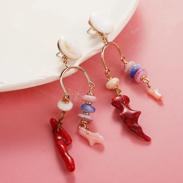Red Enamel Coral Tree Antlers Acrylic Resin Dangle Earrings