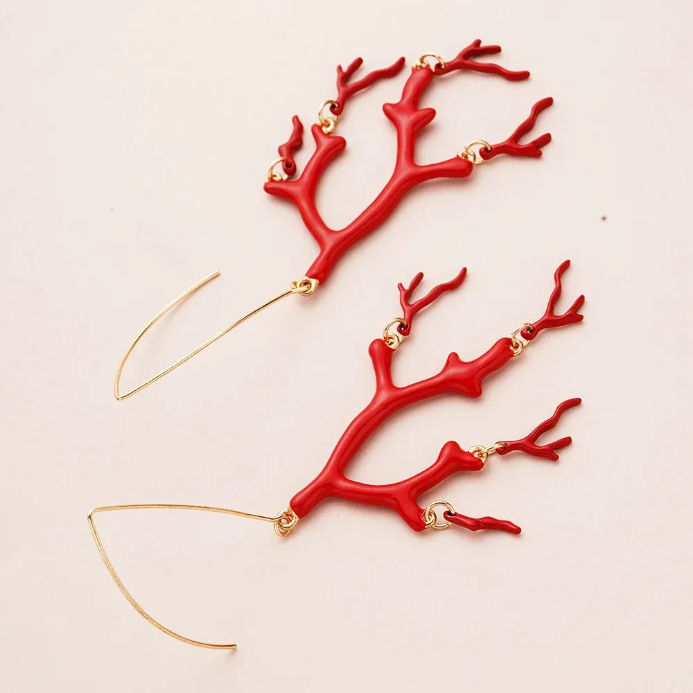 Red Enamel Coral Tree Antlers Acrylic Resin Dangle Earrings