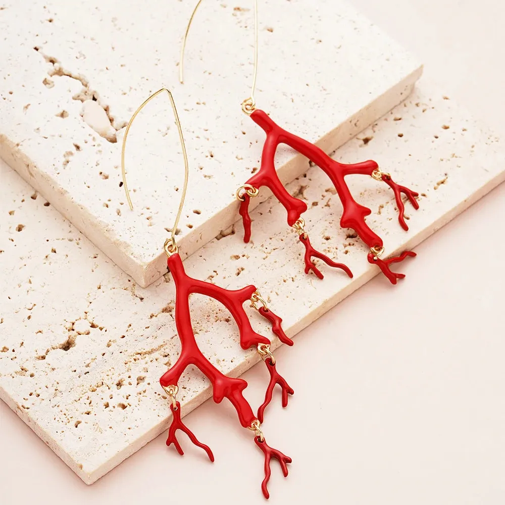 Red Enamel Coral Tree Antlers Acrylic Resin Dangle Earrings