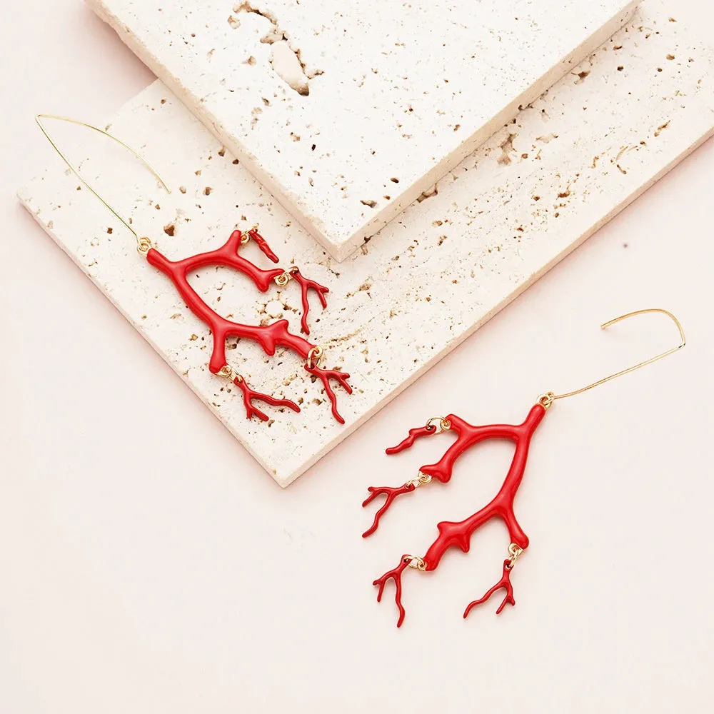 Red Enamel Coral Tree Antlers Acrylic Resin Dangle Earrings