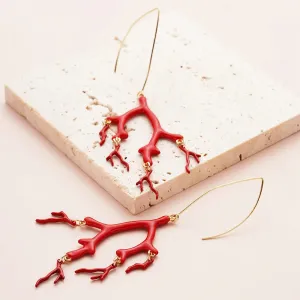 Red Enamel Coral Tree Antlers Acrylic Resin Dangle Earrings