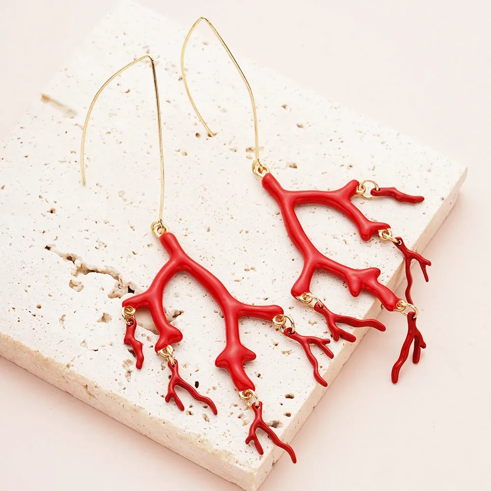 Red Enamel Coral Tree Antlers Acrylic Resin Dangle Earrings