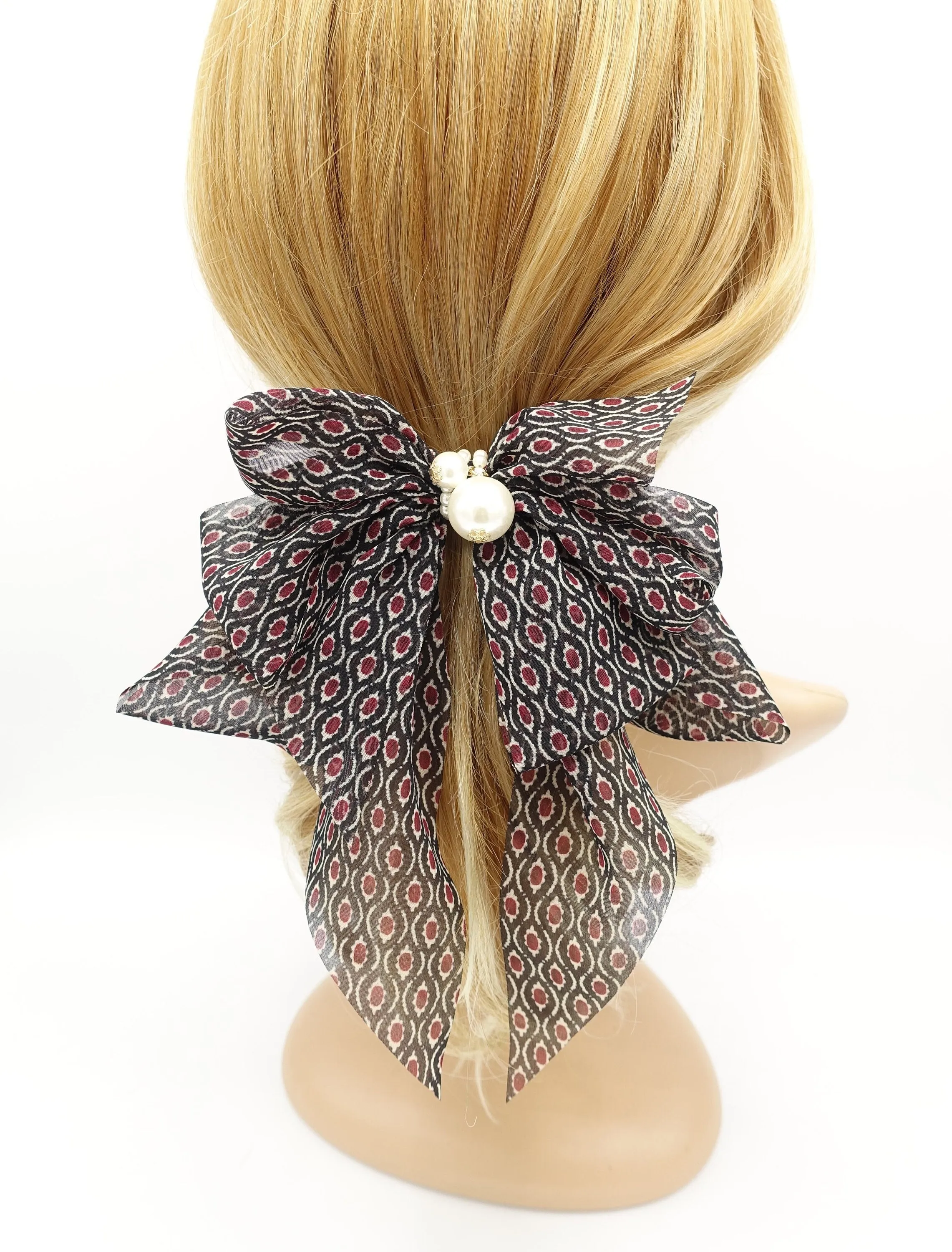 retro print hair bow chiffon hair accessory for women