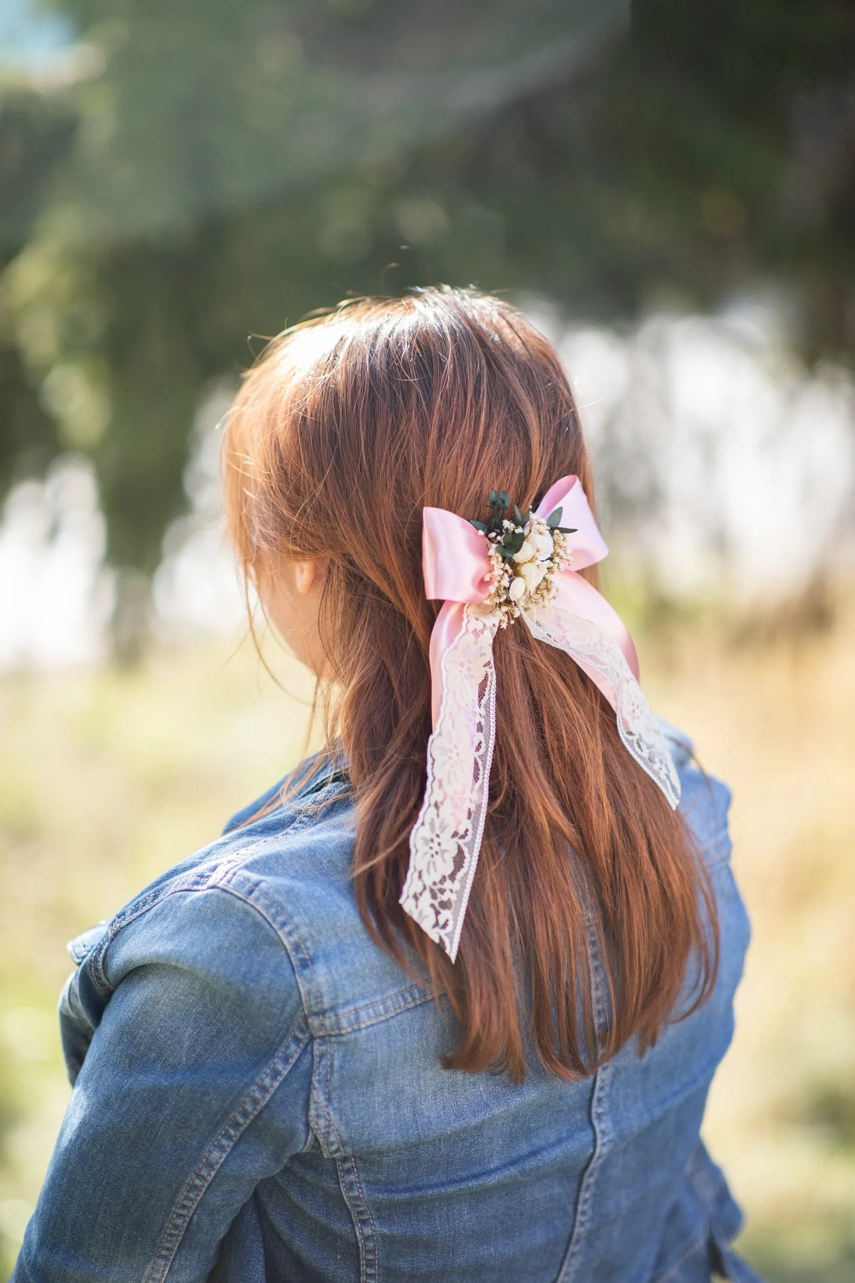 Romantic flower hair bow Bridal headpiece Barrette with ribbon Pink ponytail hair clip Wedding 2021 Blush headpiece Lace Magaela Gift