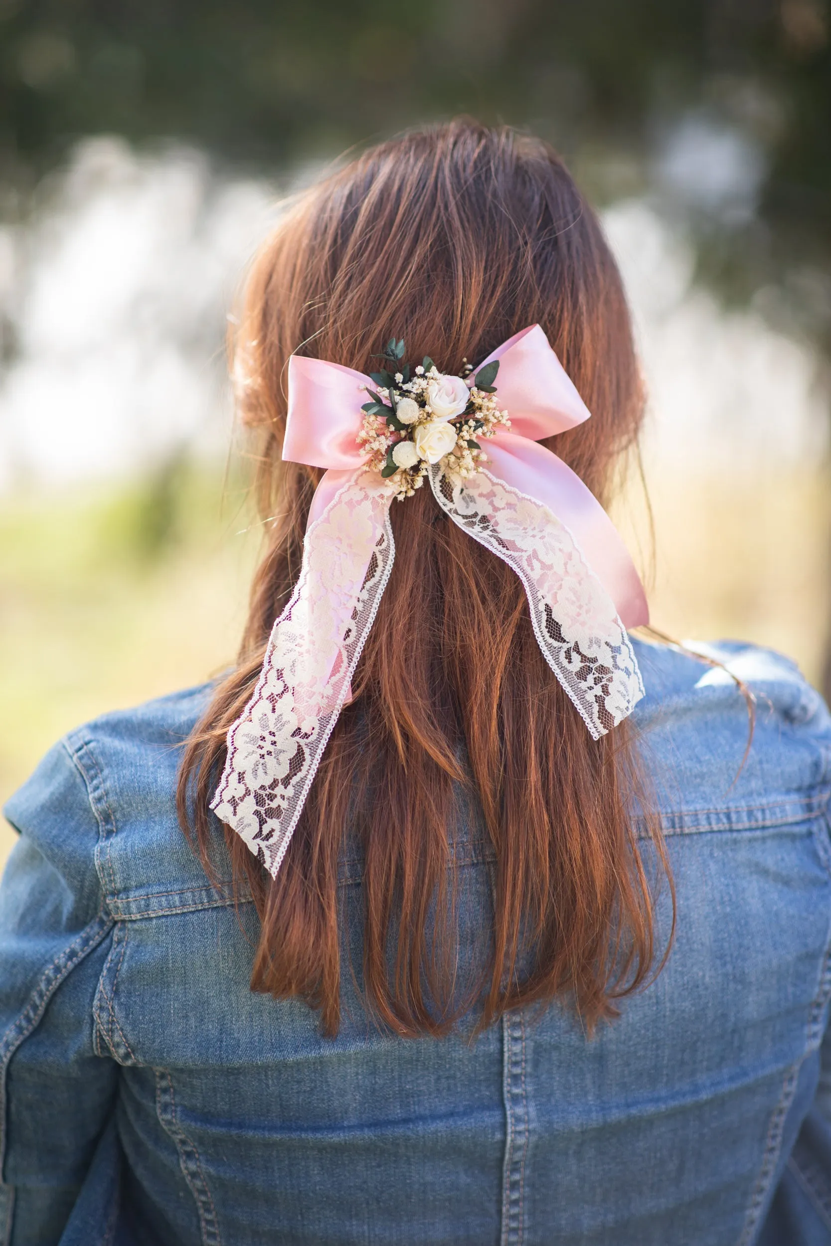 Romantic flower hair bow Bridal headpiece Barrette with ribbon Pink ponytail hair clip Wedding 2021 Blush headpiece Lace Magaela Gift