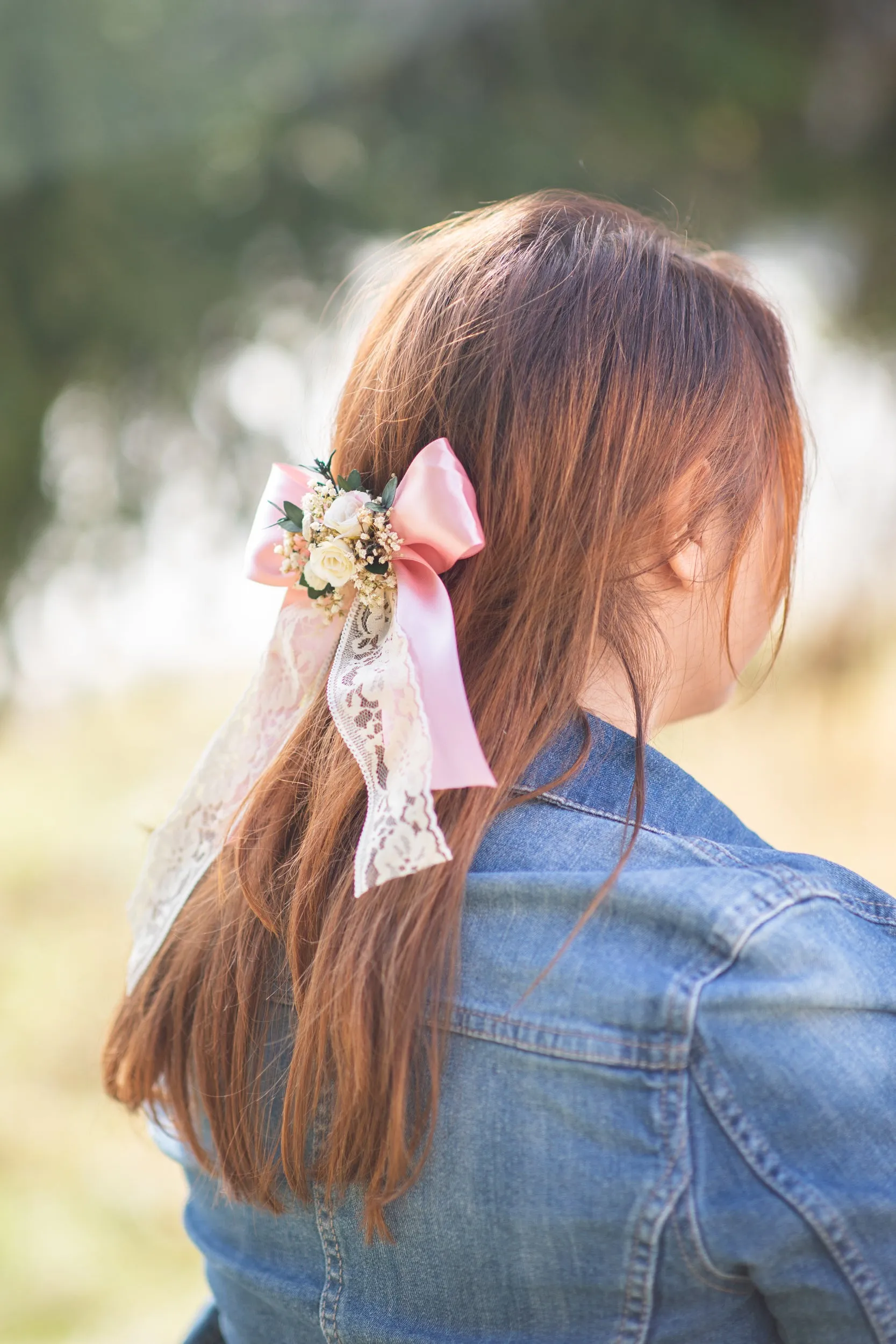 Romantic flower hair bow Bridal headpiece Barrette with ribbon Pink ponytail hair clip Wedding 2021 Blush headpiece Lace Magaela Gift