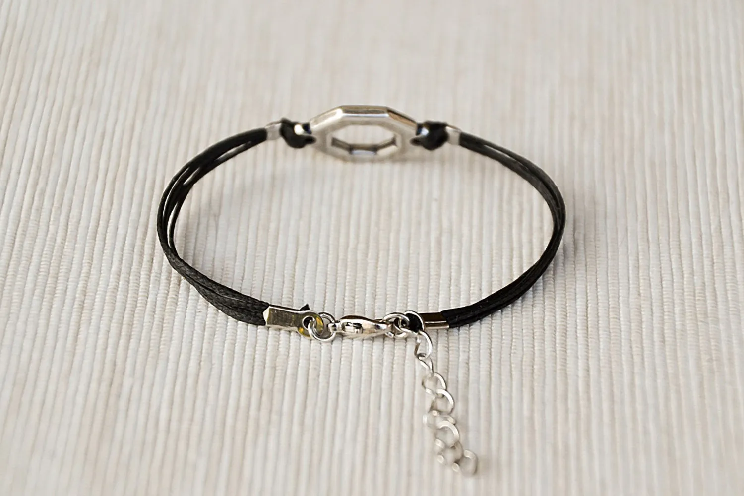 Silver Hexagon charm bracelet for women, black cord, gift for her