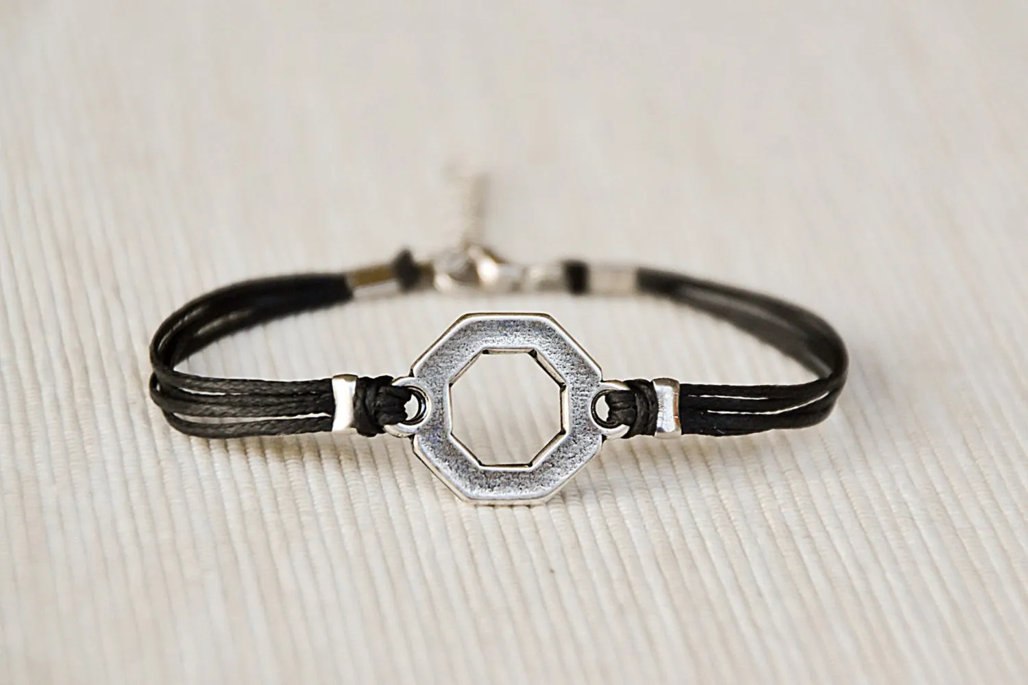 Silver Hexagon charm bracelet for women, black cord, gift for her
