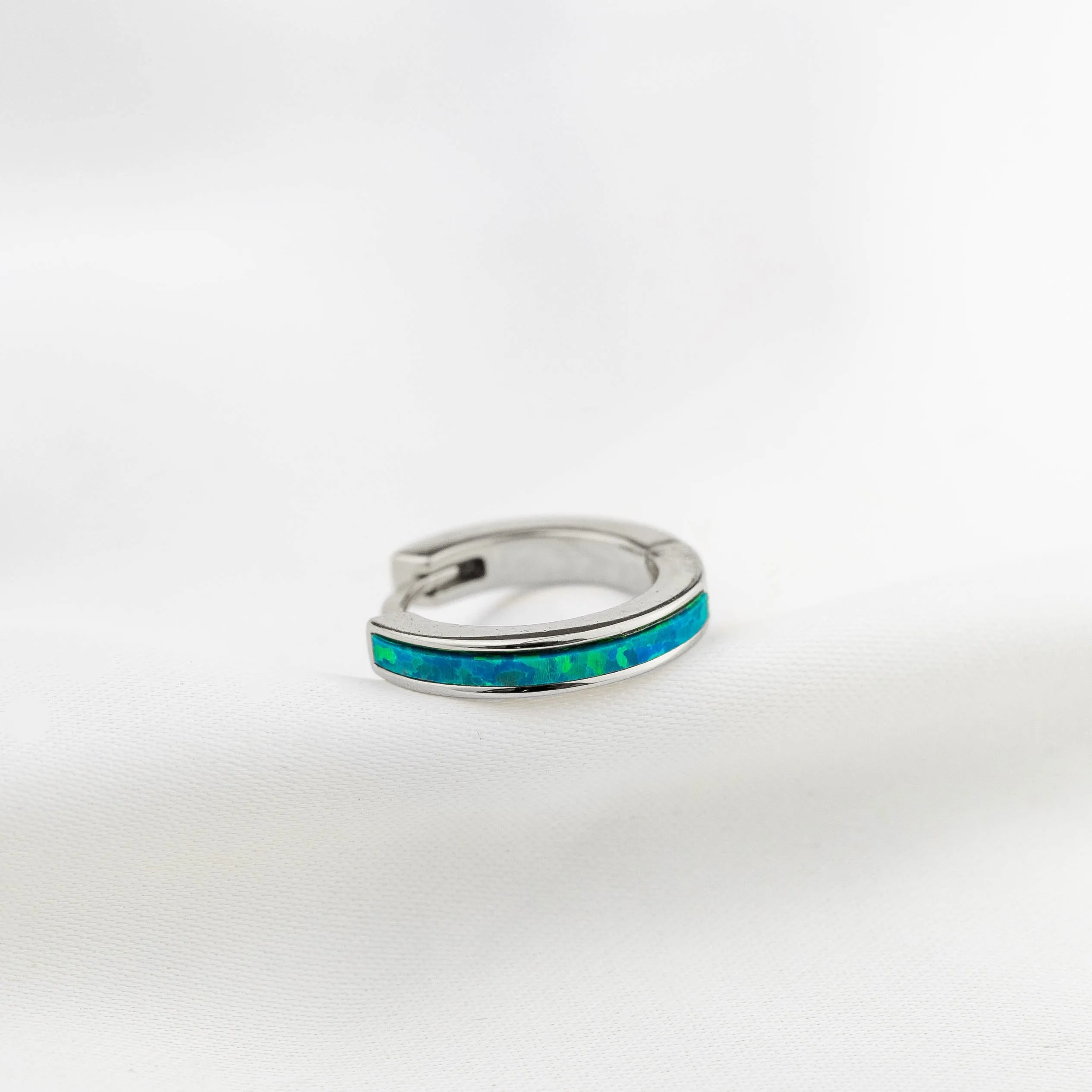 Silver Ocean Blue Shiny Opal Hoop