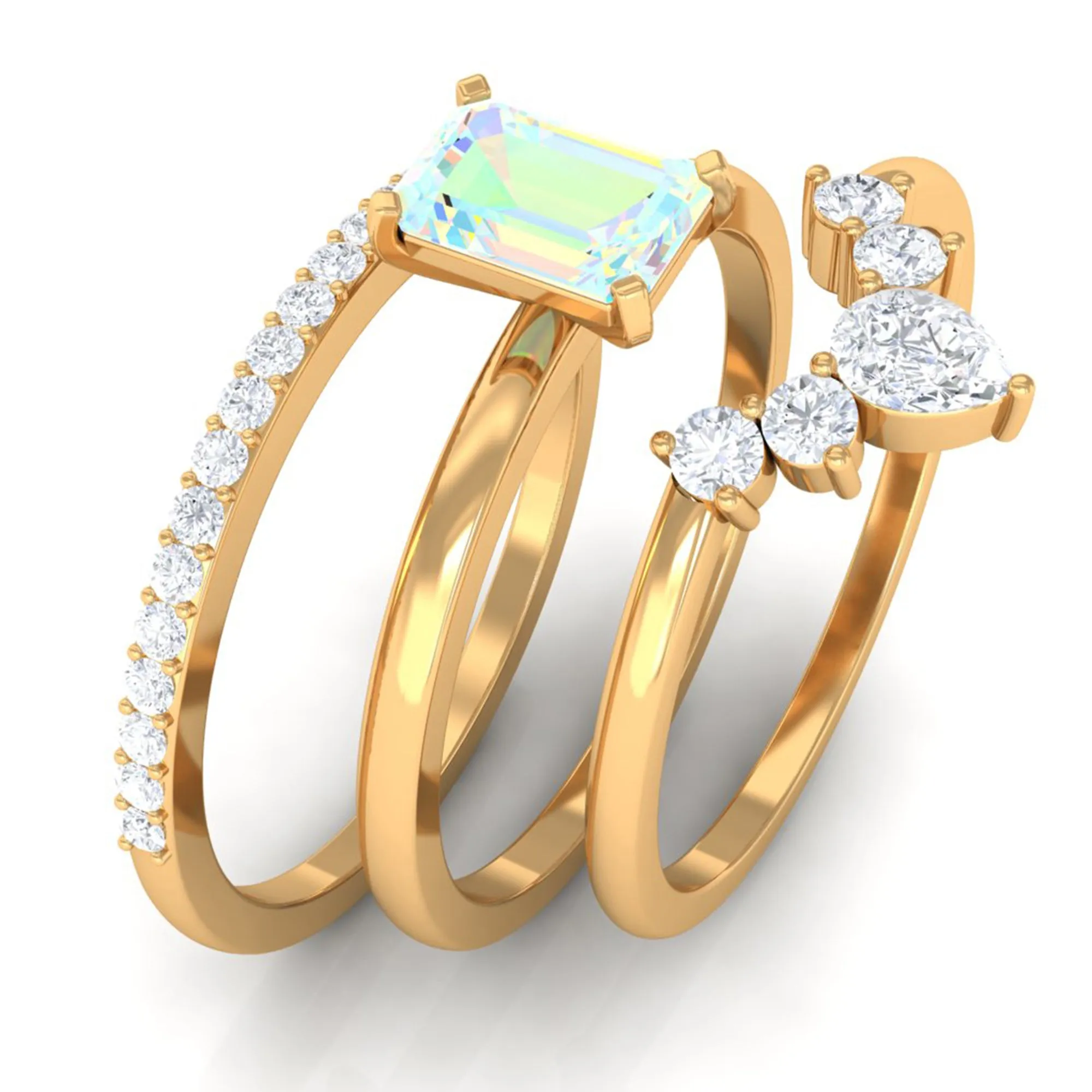 Solitaire Ethiopian Opal Trio Wedding Ring Set with Moissanite