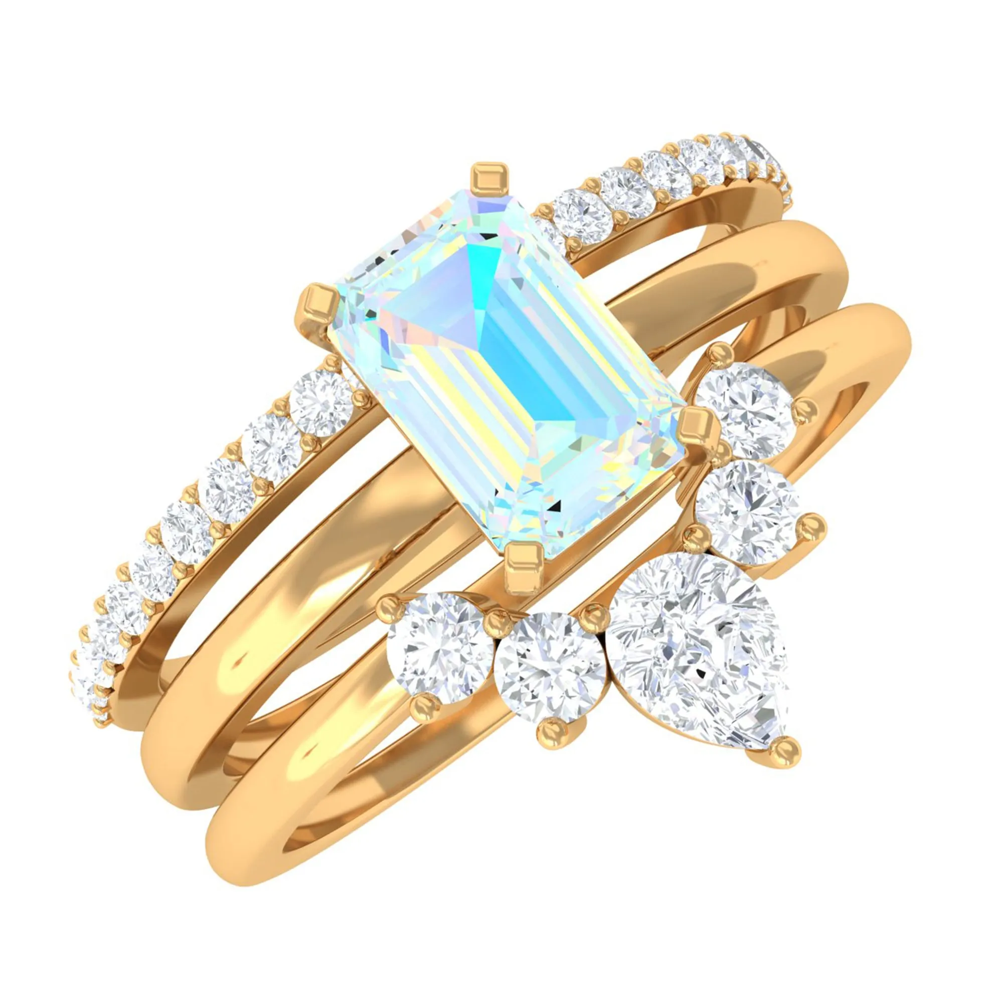 Solitaire Ethiopian Opal Trio Wedding Ring Set with Moissanite