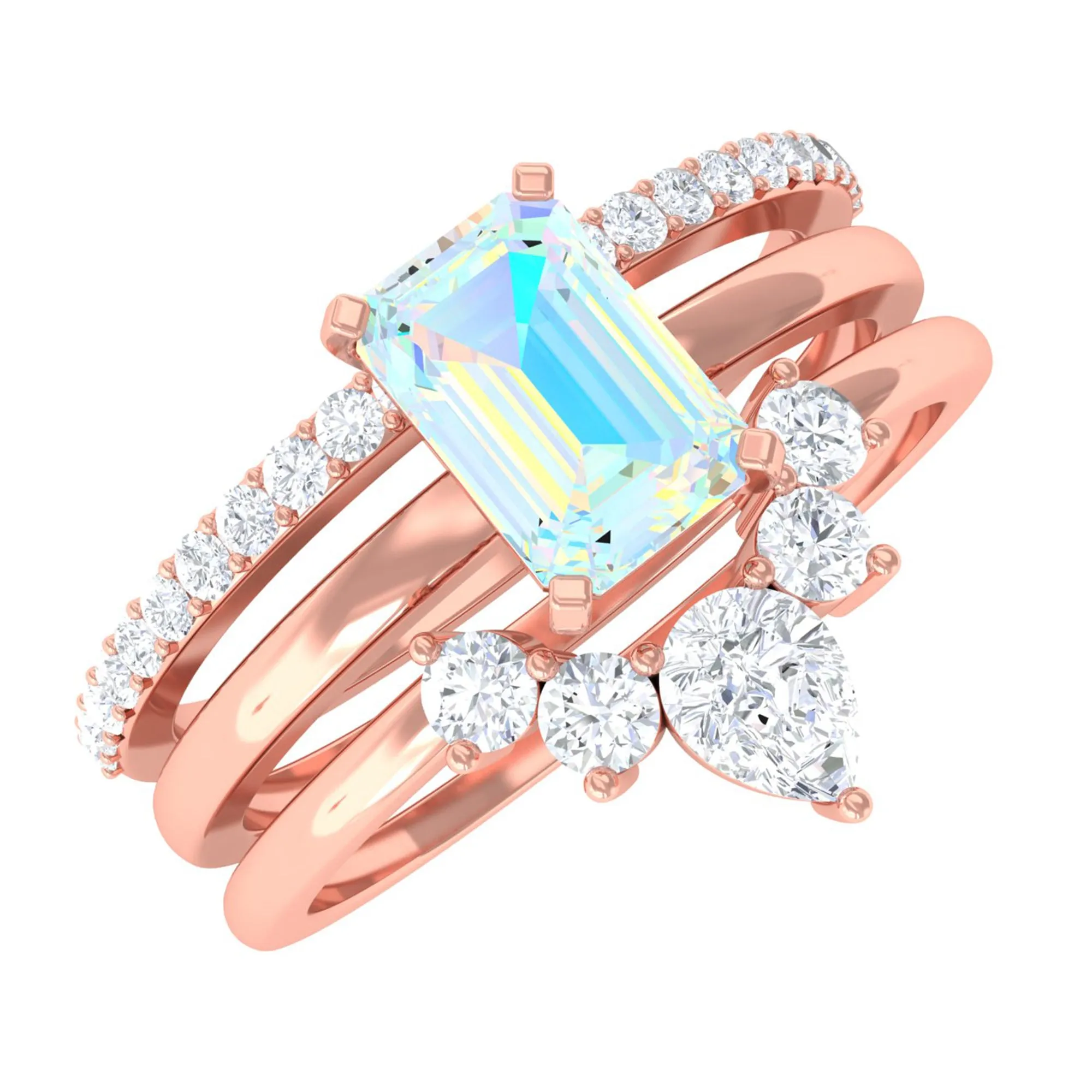 Solitaire Ethiopian Opal Trio Wedding Ring Set with Moissanite