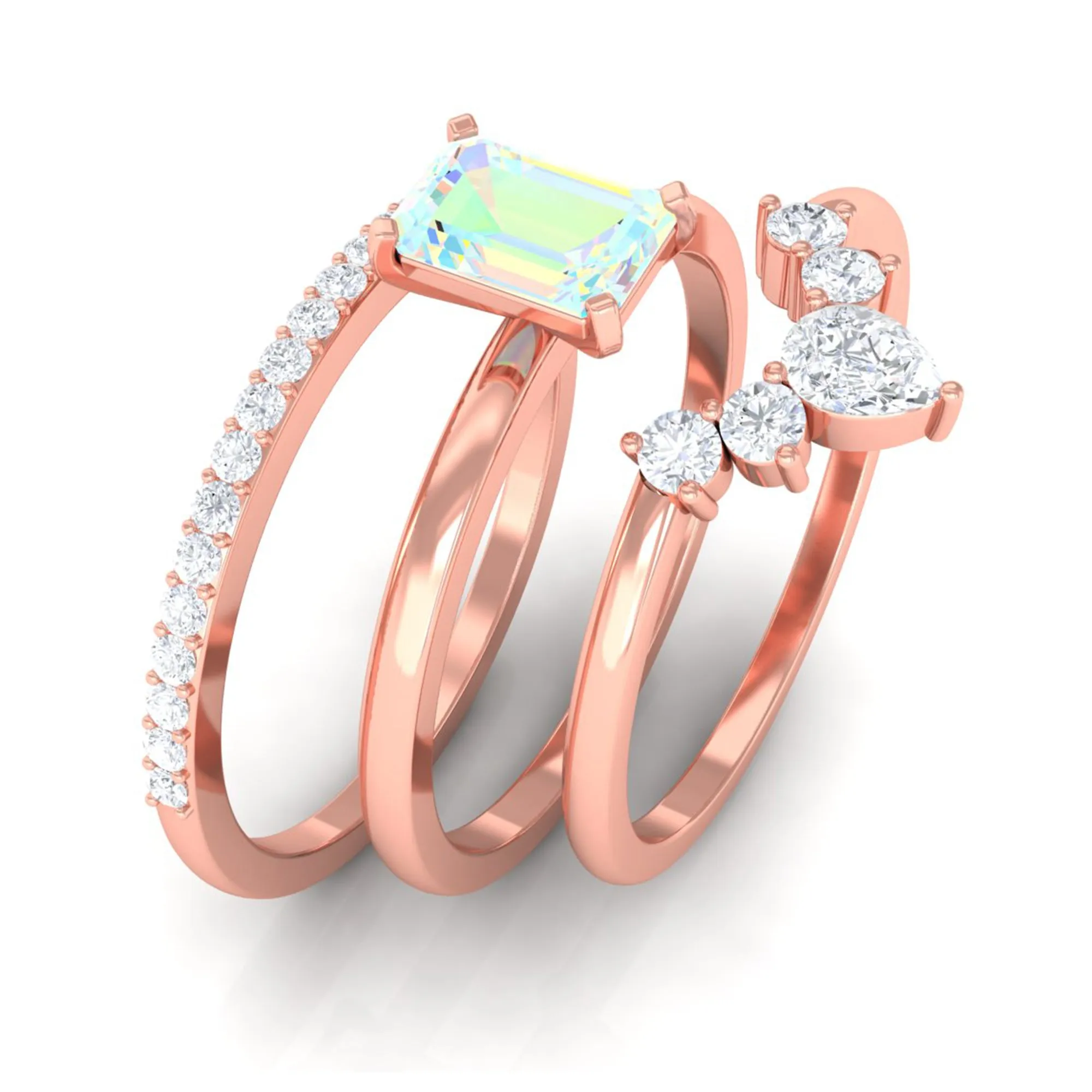Solitaire Ethiopian Opal Trio Wedding Ring Set with Moissanite