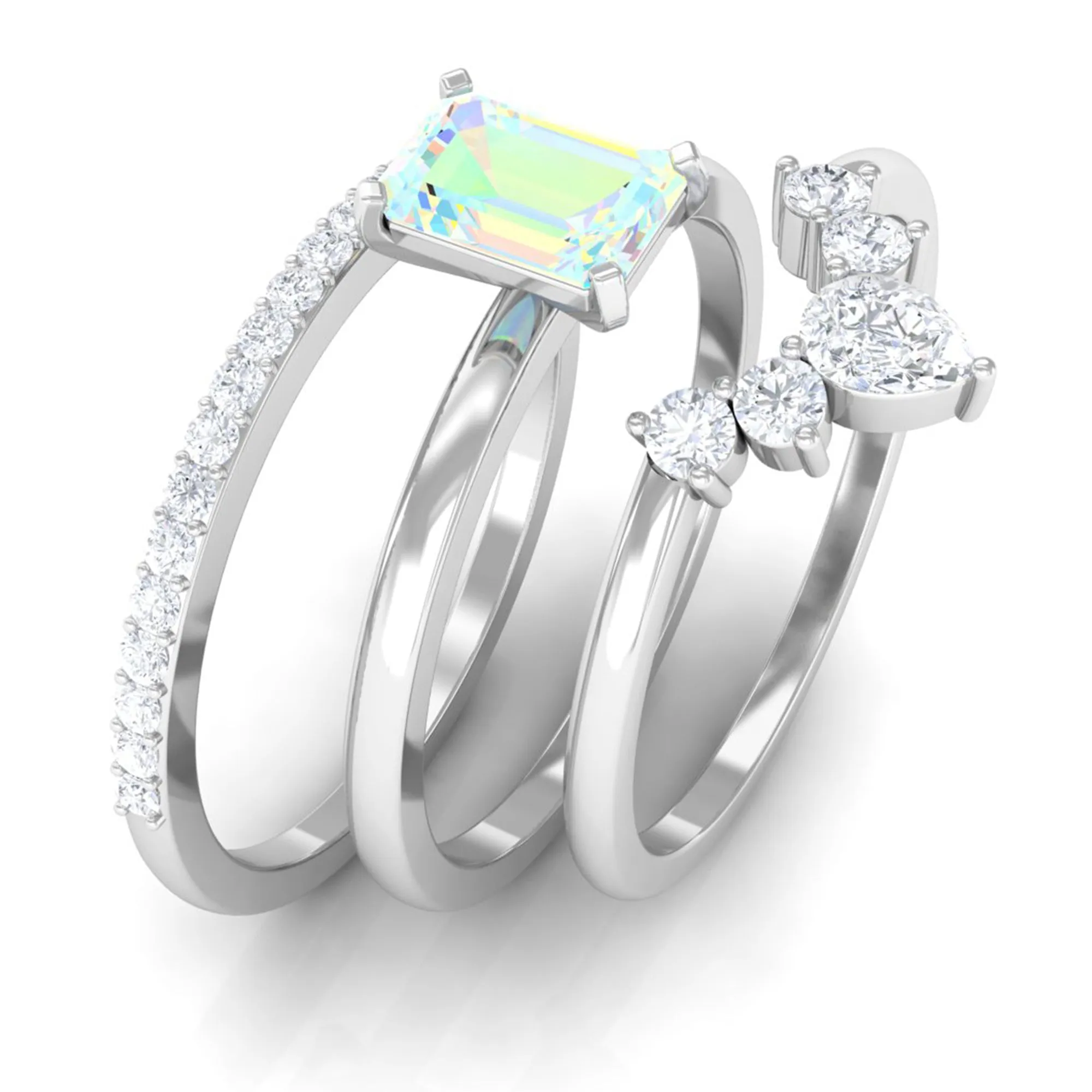 Solitaire Ethiopian Opal Trio Wedding Ring Set with Moissanite
