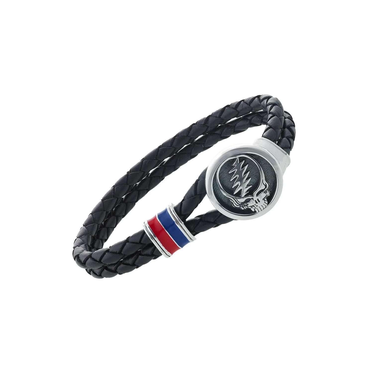 Steal Your Face Sterling Silver, Blue and Red Enamel & Leather Bracelet
