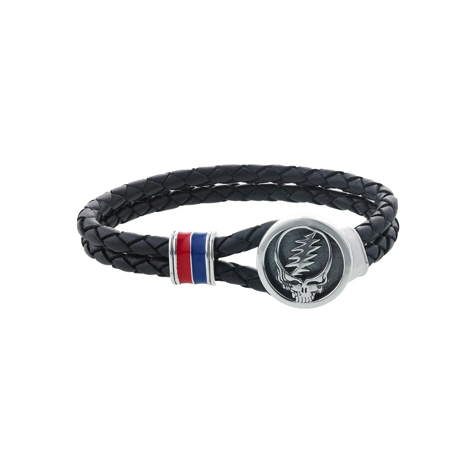 Steal Your Face Sterling Silver, Blue and Red Enamel & Leather Bracelet