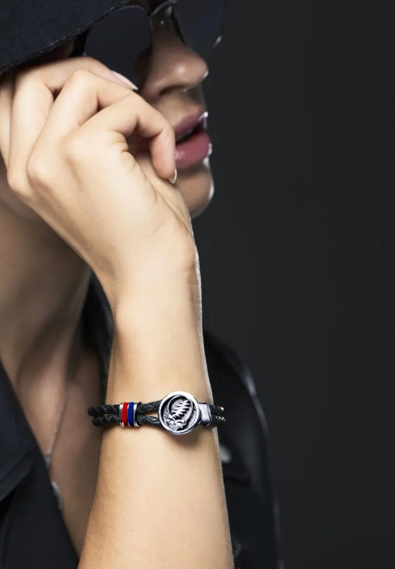 Steal Your Face Sterling Silver, Blue and Red Enamel & Leather Bracelet