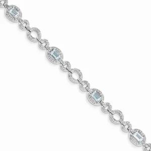 Sterling Silver Diamond & Lt Swiss Blue Topaz Oval Link Bracelet