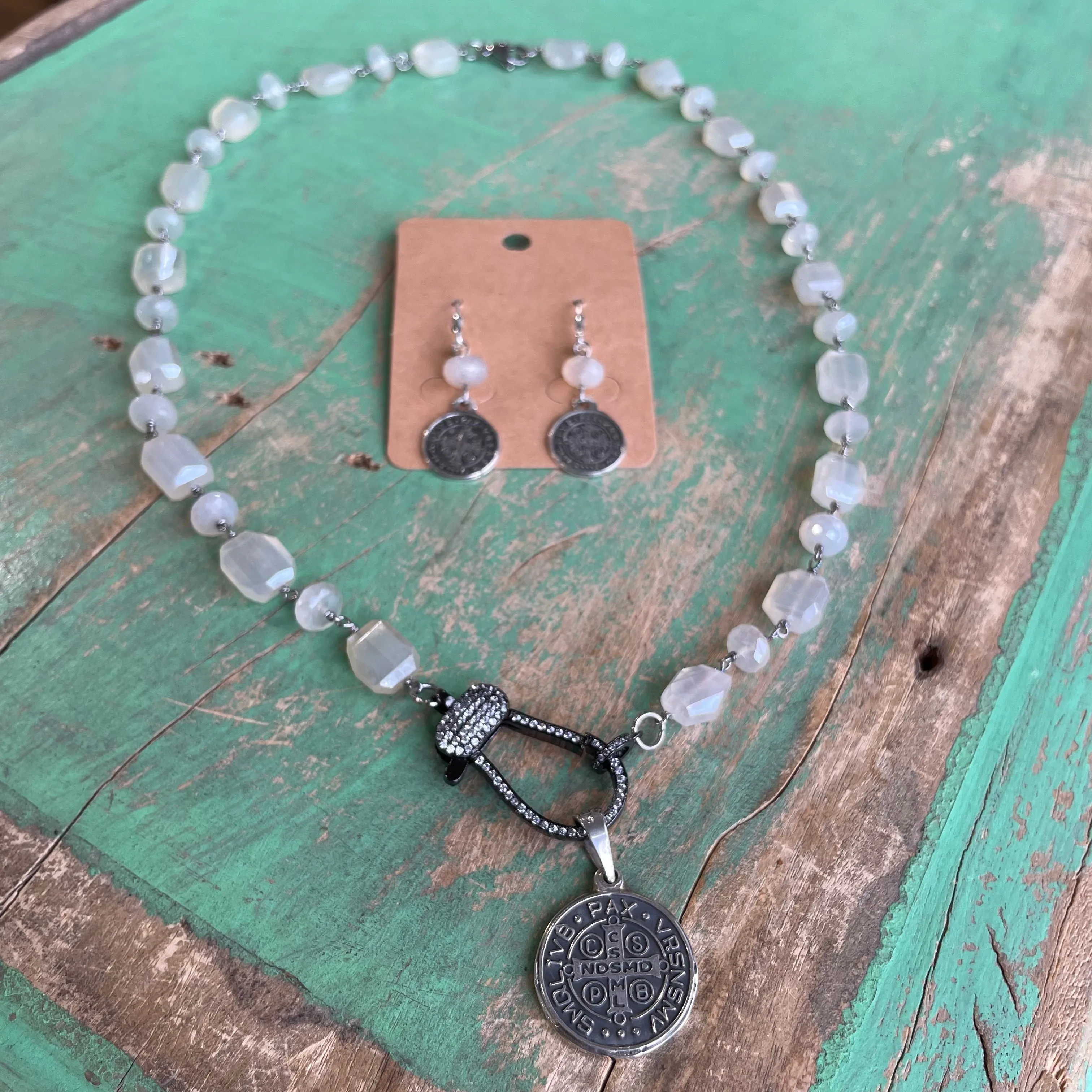 Sterling Silver St Benedict Chalcedony Necklace and Earrings